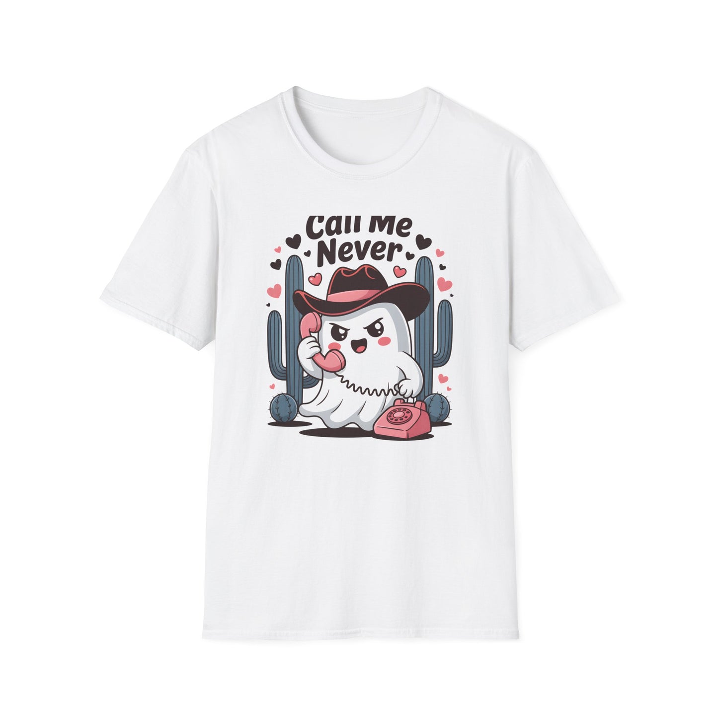 Sassy "Call Me Never" Ghost T-Shirt | Funny Anti-Valentine's Cowboy Ghost Tee | Trendy Western Desert Spooky Cute Apparel