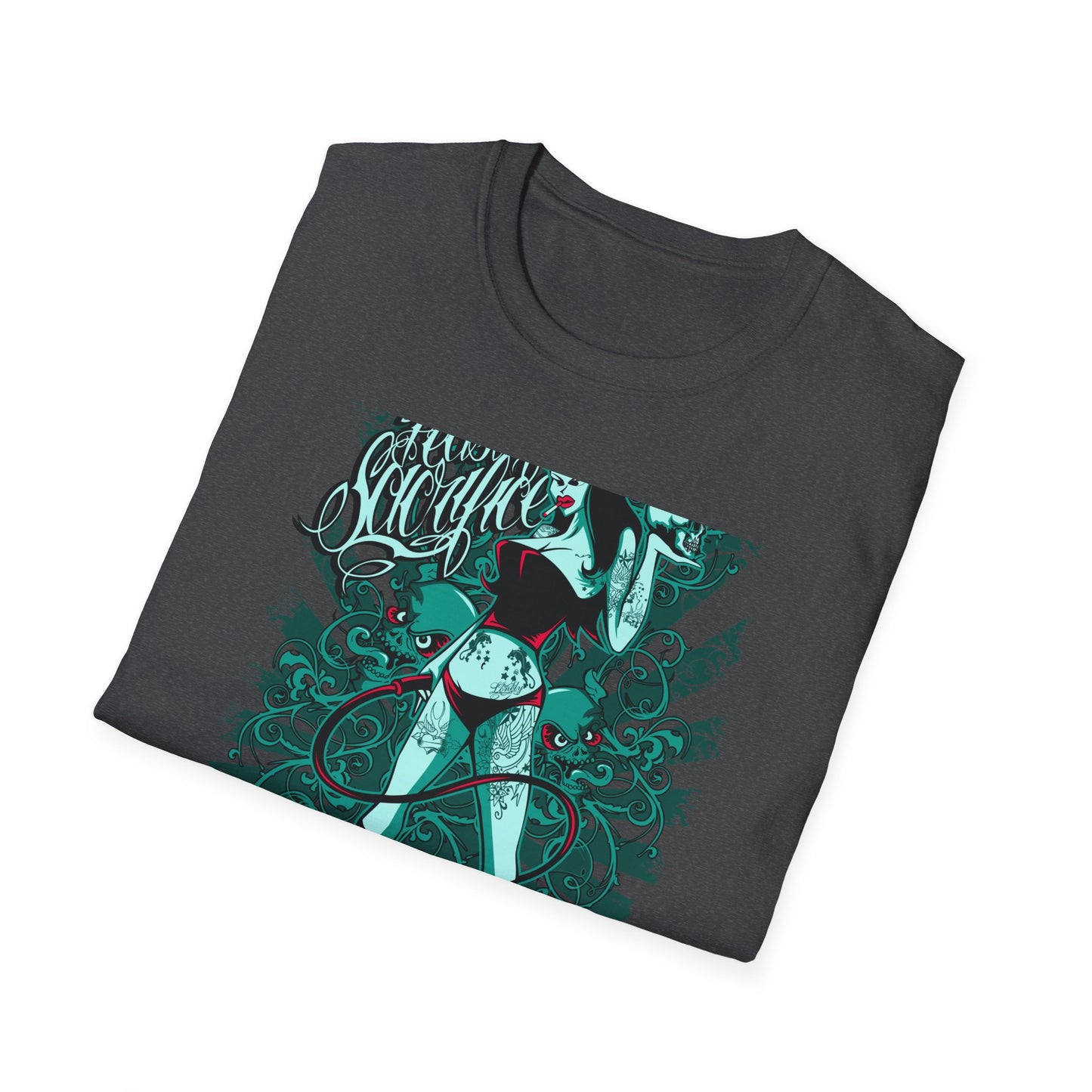 Bold 'Feast of Sacrifice' T-Shirt - Edgy Pin-Up Girl, Flaming Skulls & Tattoo Art for Goth & Alternative Style