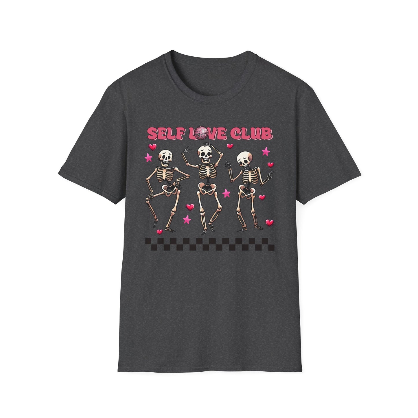 Groovy Self Love Club T-Shirt | Empowering Dancing Skeletons & Disco Ball Design | Trendy & Unique Top
