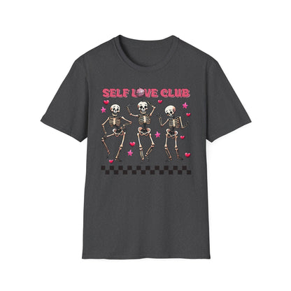 Groovy Self Love Club T-Shirt | Empowering Dancing Skeletons & Disco Ball Design | Trendy & Unique Top