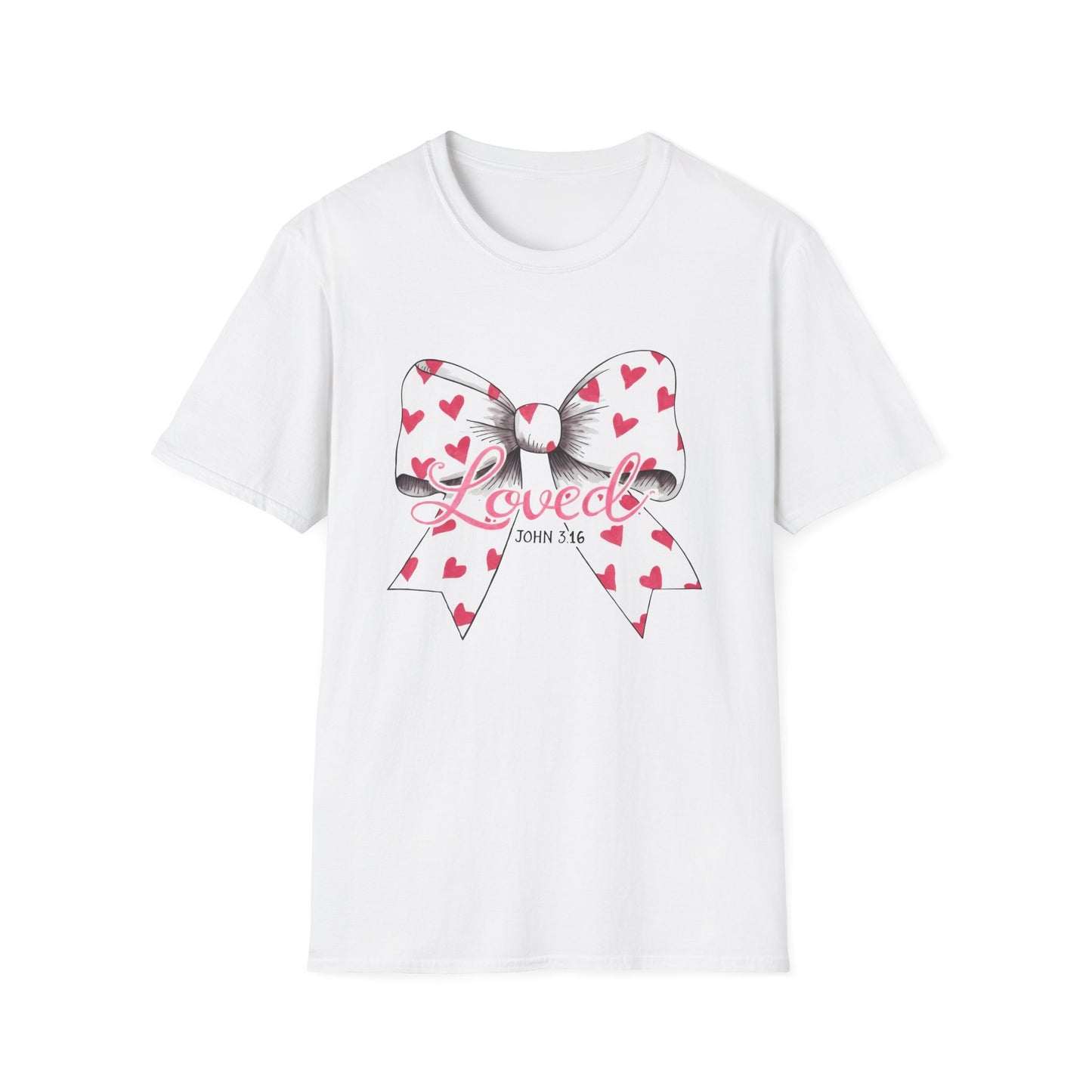 Inspiring 'Loved' John 3:16 T-Shirt | Christian Faith Tee with Hearts Bow | Beautiful Spiritual Gift for Women