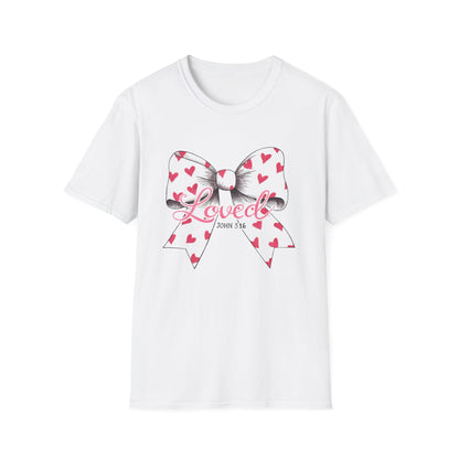 Inspiring 'Loved' John 3:16 T-Shirt | Christian Faith Tee with Hearts Bow | Beautiful Spiritual Gift for Women