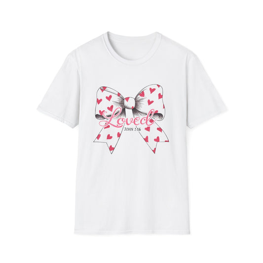 Inspiring 'Loved' John 3:16 T-Shirt | Christian Faith Tee with Hearts Bow | Beautiful Spiritual Gift for Women