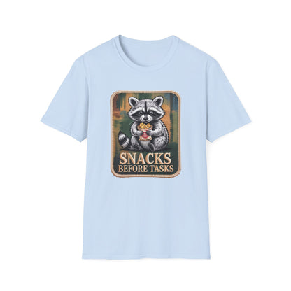 Hilarious Raccoon Snacks Before Tasks T-Shirt | Adorable Animal Lover Gift | Cozy Funny Graphic Tee