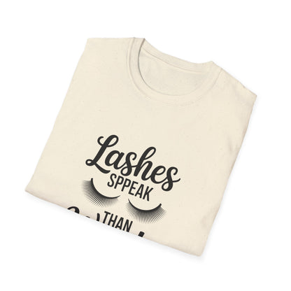 Chic 'Lashes Speak Than Words' T-Shirt | Glamorous Eyelash Design Tee for Beauty Lovers & Makeup Artists