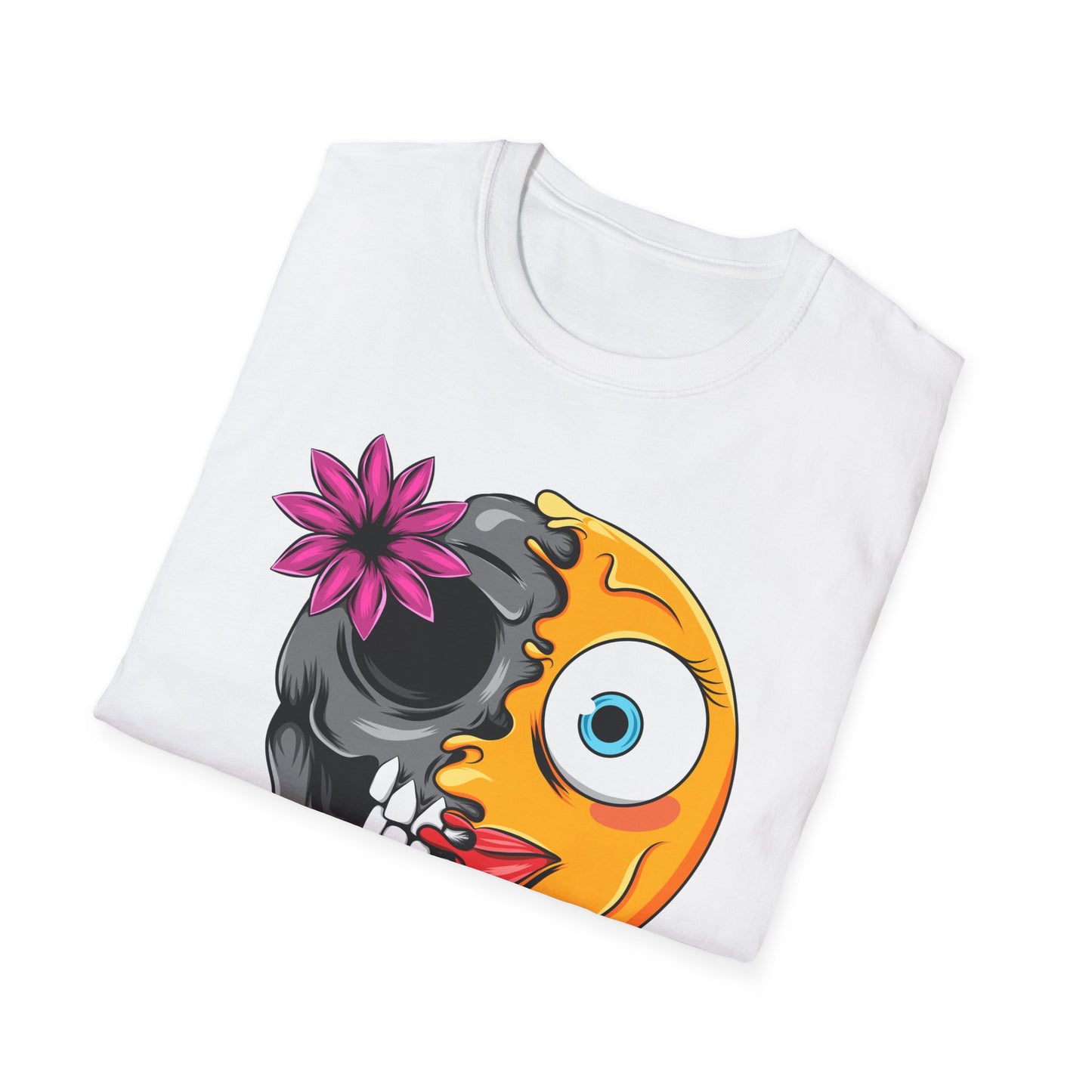 Striking Melting Emoji Skull T-Shirt – Unique Duality Graphic Tee for Edgy, Alternative & Goth Styles
