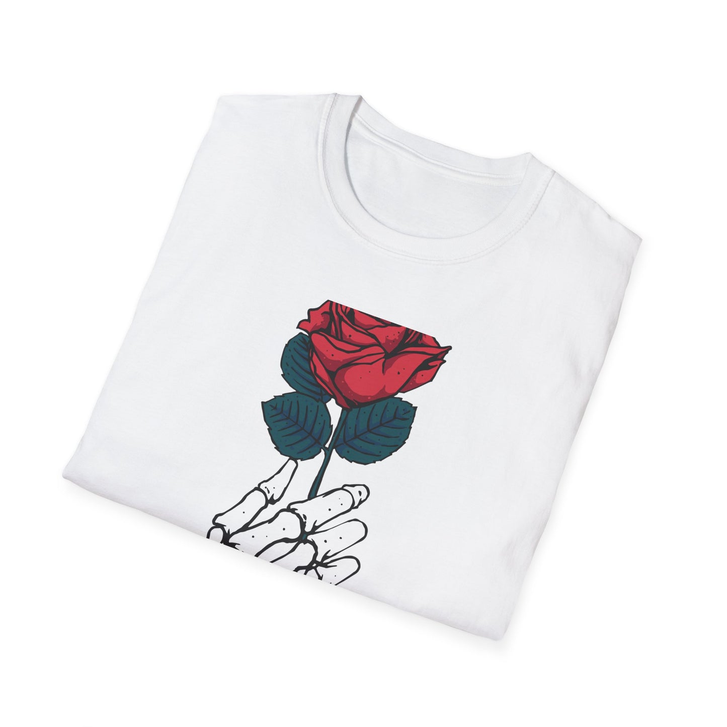 Striking Skeleton Hand Holding Rose T-Shirt | Unique Gothic Love Tee | Captivating Alt Fashion Top for Edgy Style