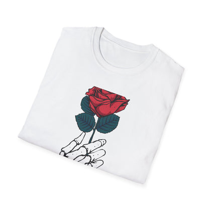 Striking Skeleton Hand Holding Rose T-Shirt | Unique Gothic Love Tee | Captivating Alt Fashion Top for Edgy Style