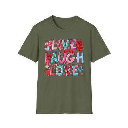 Charming Live Laugh Love T-Shirt for Women | Adorable Valentine's Day Hearts & Gnome Graphic Tee | Positive Message Gift