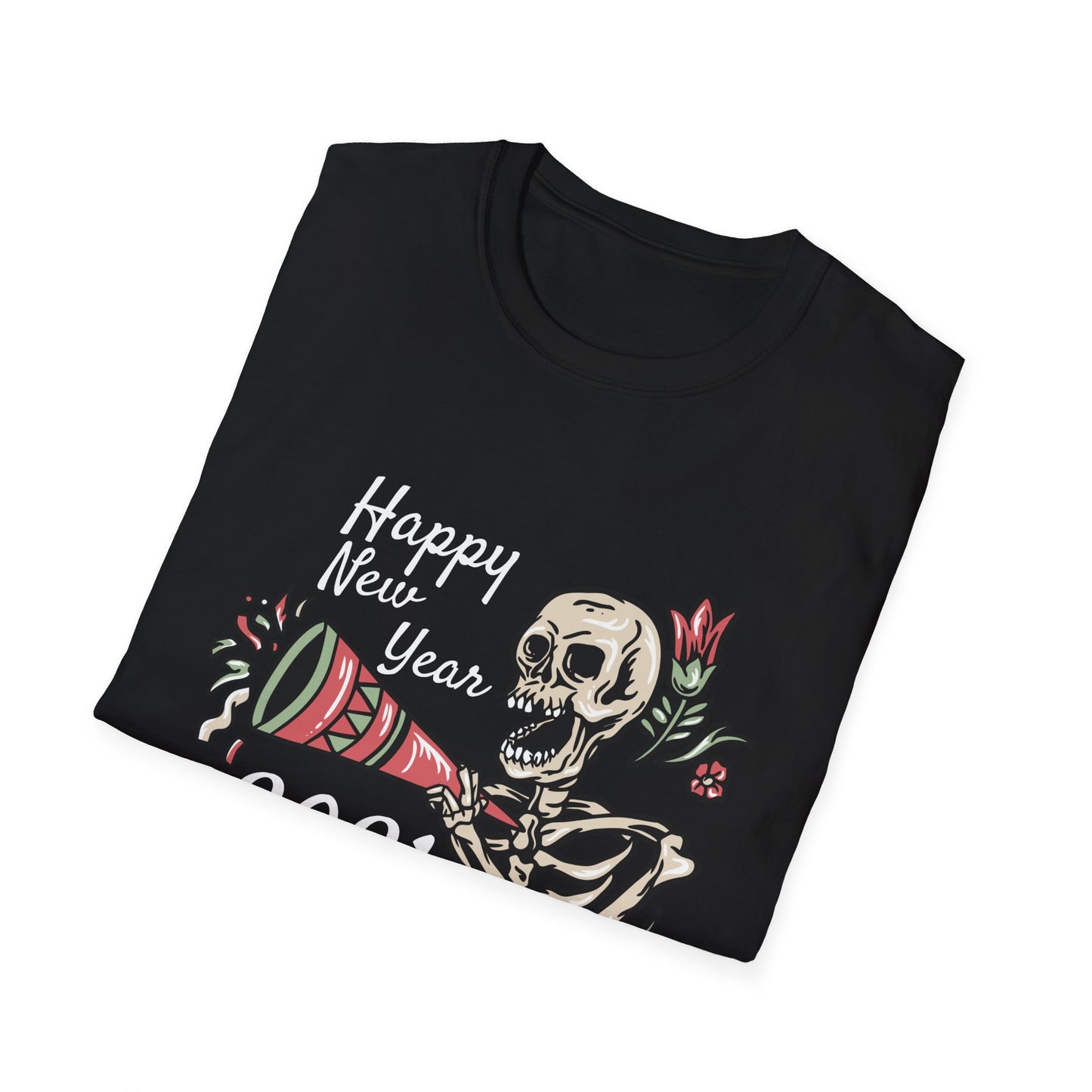 Vibrant Party Skeleton T-Shirt - Fun Quirky Floral Horn Blasting Graphic Tee