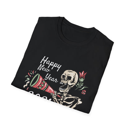 Vibrant Party Skeleton T-Shirt - Fun Quirky Floral Horn Blasting Graphic Tee