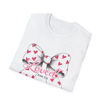 Inspiring 'Loved' John 3:16 T-Shirt | Christian Faith Tee with Hearts Bow | Beautiful Spiritual Gift for Women
