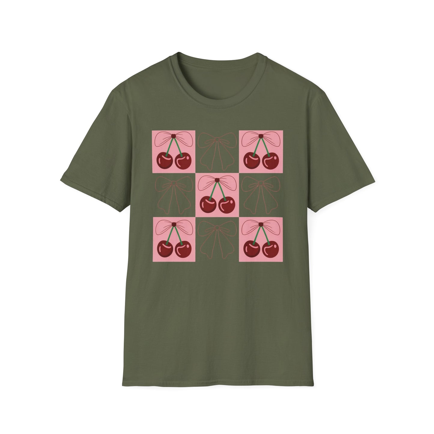 Charming Coquette Cherry Bow T-Shirt | Sweet Pink Aesthetic & Trendy Fruit Pattern Tee for Women