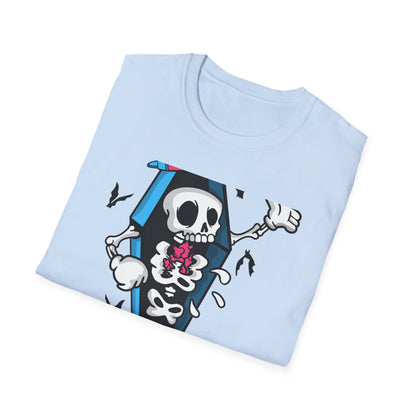 Hip Hop Skeleton Coffin Tee | Spooky Cool Streetwear T-Shirt with Sneakers & Bats | Unique Urban Style Graphic