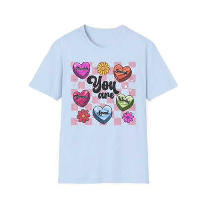 Empowering "You Are" Groovy Affirmation T-Shirt for Women - Self-Love Retro Candy Heart Tee - Inspiring Chic Gift