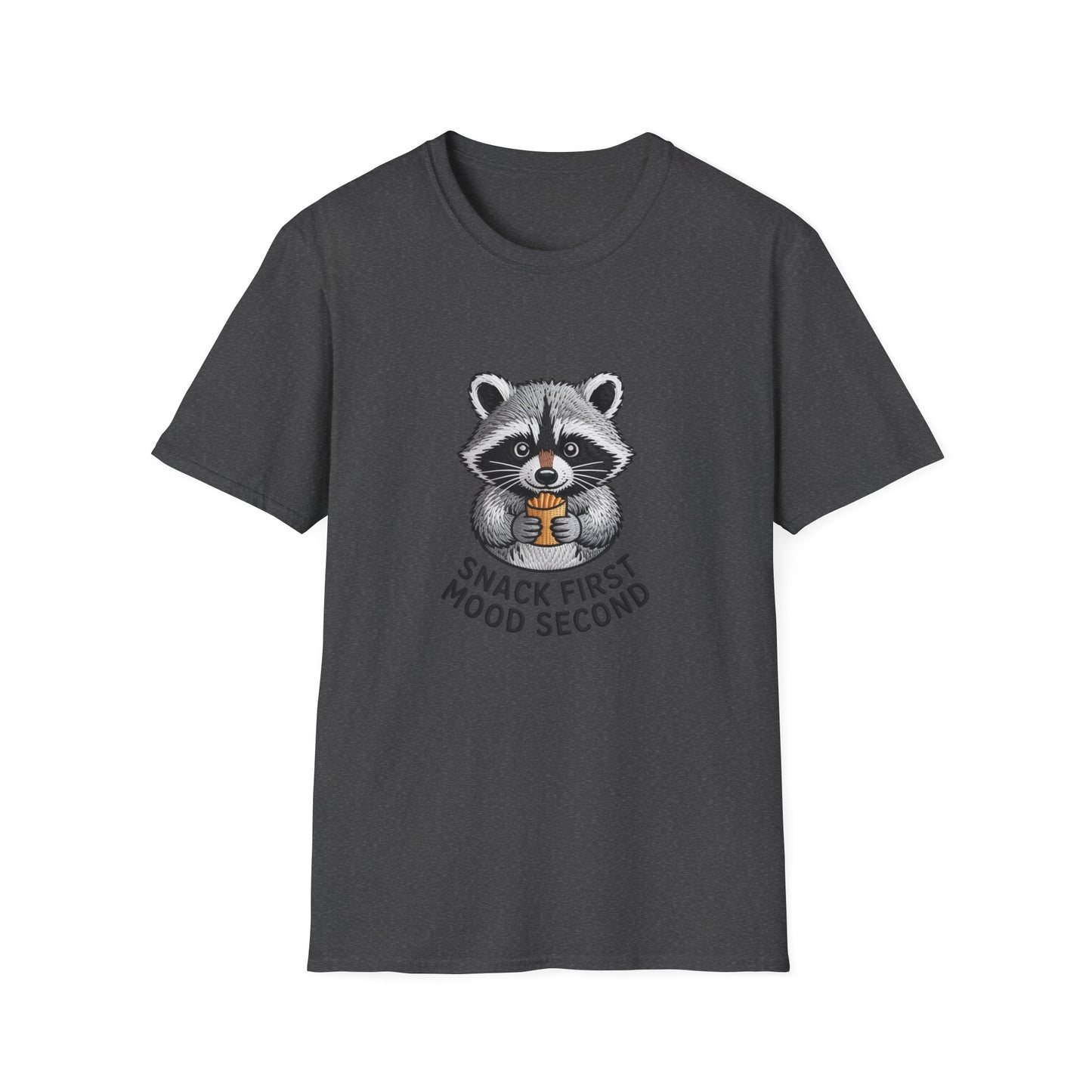 Epic Raccoon Snack T-Shirt | Funny 'Snack First Mood Second' French Fry Lover Tee | Adorable Animal Graphic Gift