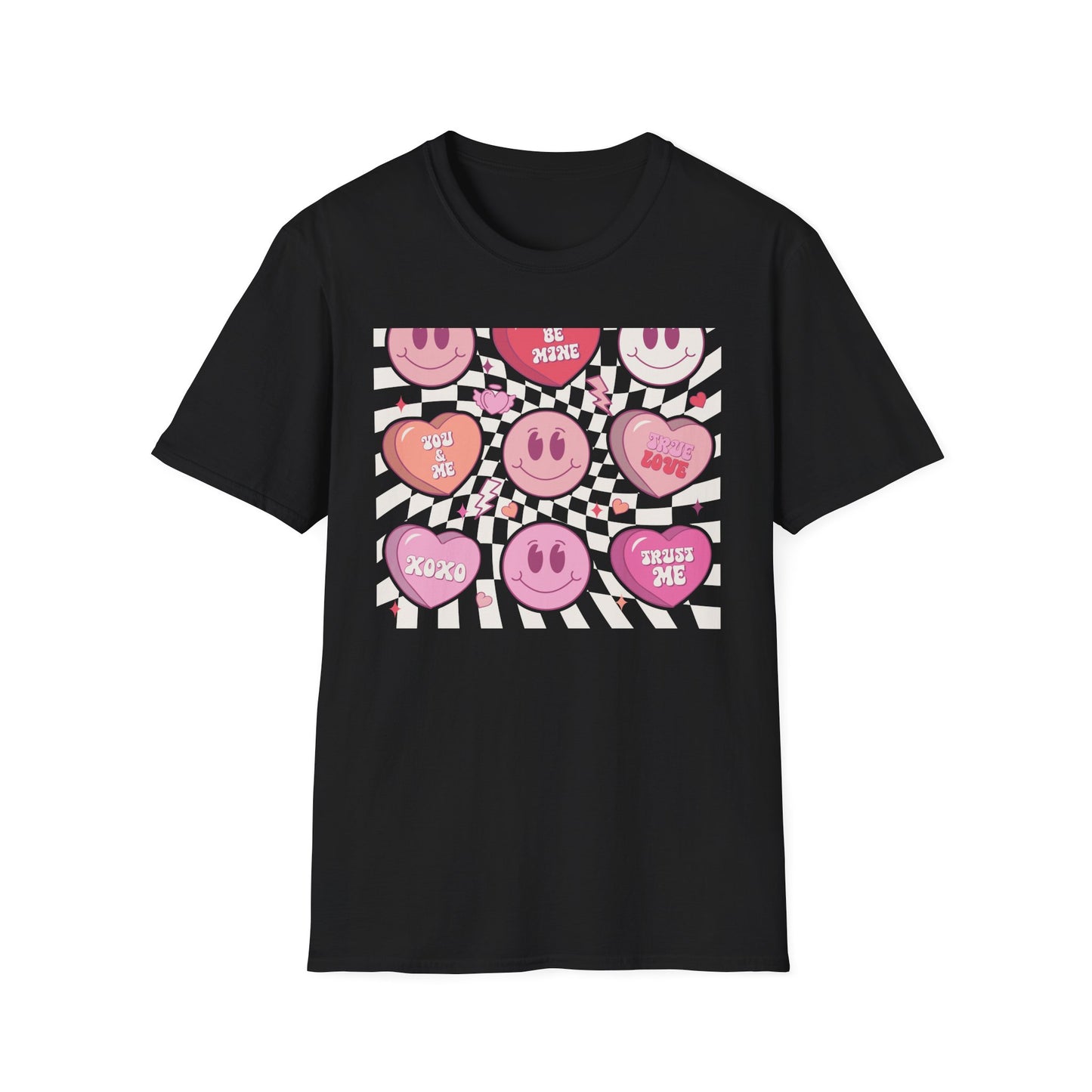 Groovy Retro Valentine's T-Shirt | Adorable Conversation Heart & Smiley Face Design | Trendy Love Core Aesthetic Tee