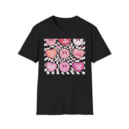 Groovy Retro Valentine's T-Shirt | Adorable Conversation Heart & Smiley Face Design | Trendy Love Core Aesthetic Tee