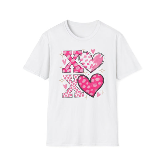 Sparkling XOXO Love Hearts T-Shirt | Chic Pink Polka Dot & Brushstroke Tee | Perfect Valentine's Day & Everyday Wear