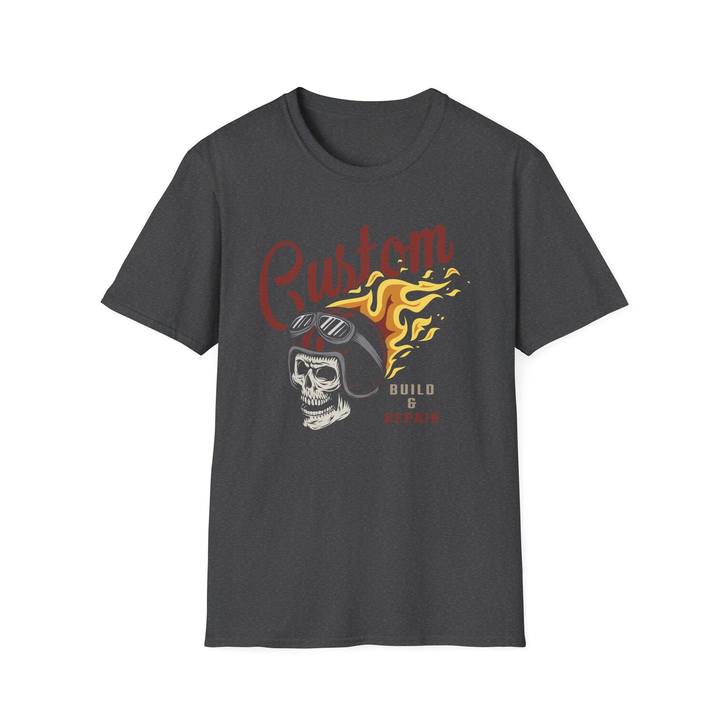 Custom Build & Repair T-Shirt | Vintage Biker Skull Flames Tee | Iconic Mechanic & Hot Rod Enthusiast Apparel