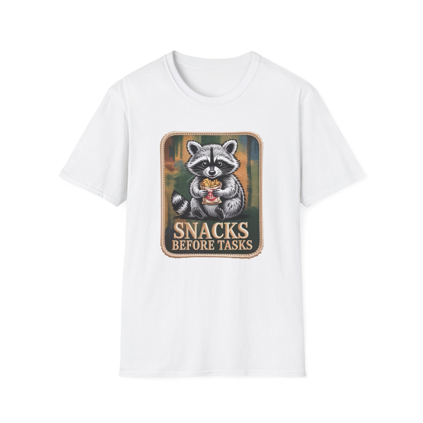 Hilarious Raccoon Snacks Before Tasks T-Shirt | Adorable Animal Lover Gift | Cozy Funny Graphic Tee