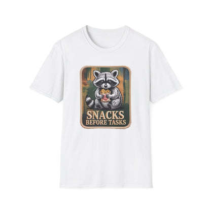 Hilarious Raccoon Snacks Before Tasks T-Shirt | Adorable Animal Lover Gift | Cozy Funny Graphic Tee