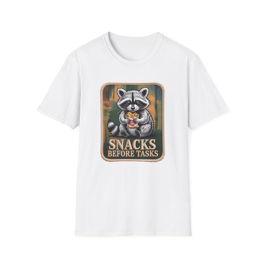 Hilarious Raccoon Snacks Before Tasks T-Shirt | Adorable Animal Lover Gift | Cozy Funny Graphic Tee
