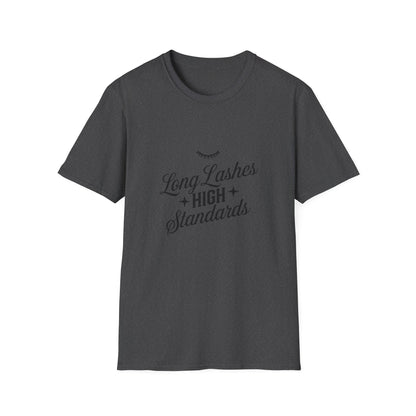 Chic Long Lashes & High Standards T-Shirt | Empowering Beauty Attitude Tee for Confident Women