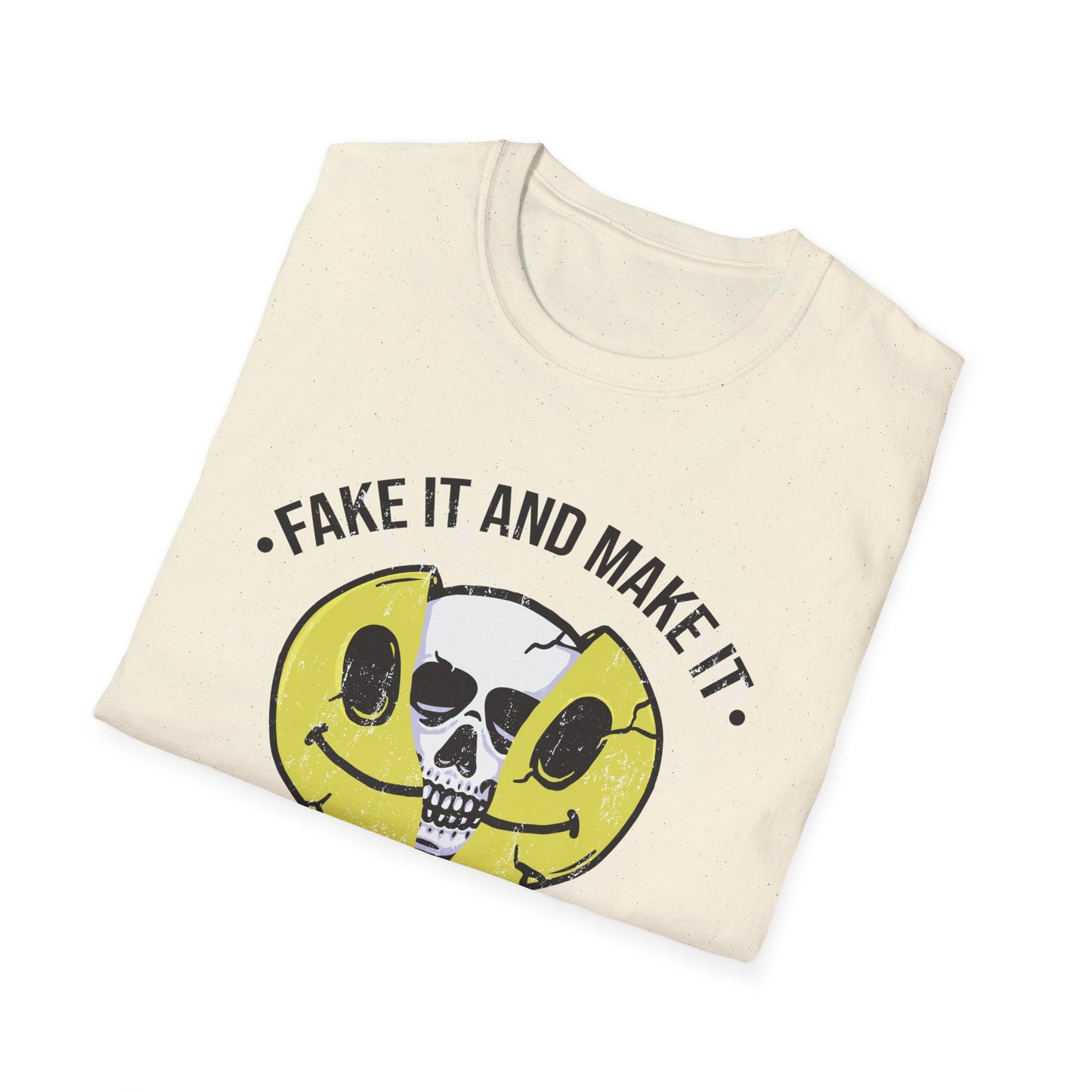 Fake It And Make It Skull T-Shirt - Edgy Cracked Smiley Grunge Aesthetic Tee for Bold Style & Motivation
