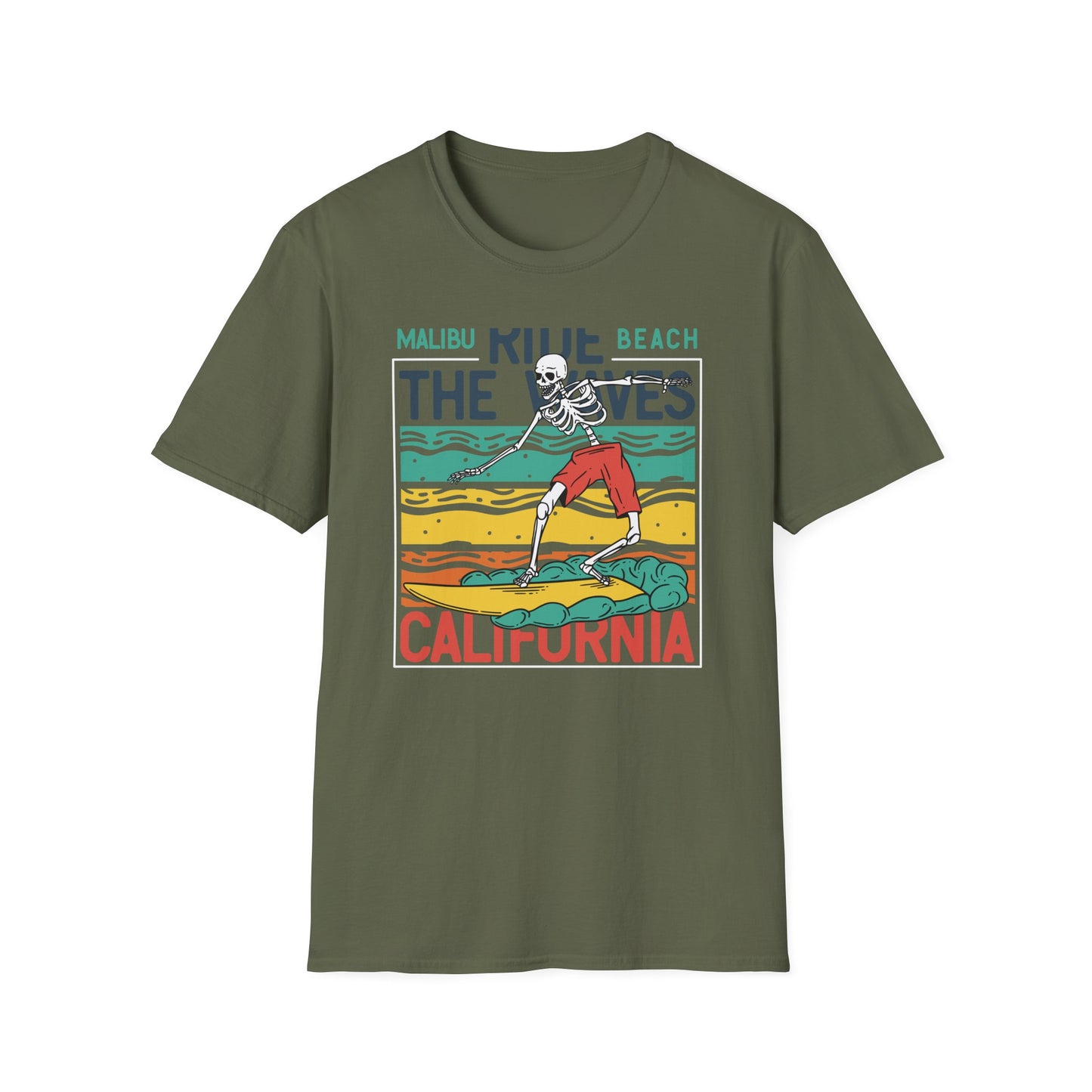 Epic Malibu Skeleton Surfer T-Shirt - Ride The Waves California Beach Retro Tee | Unique Vintage Style Surf Graphic