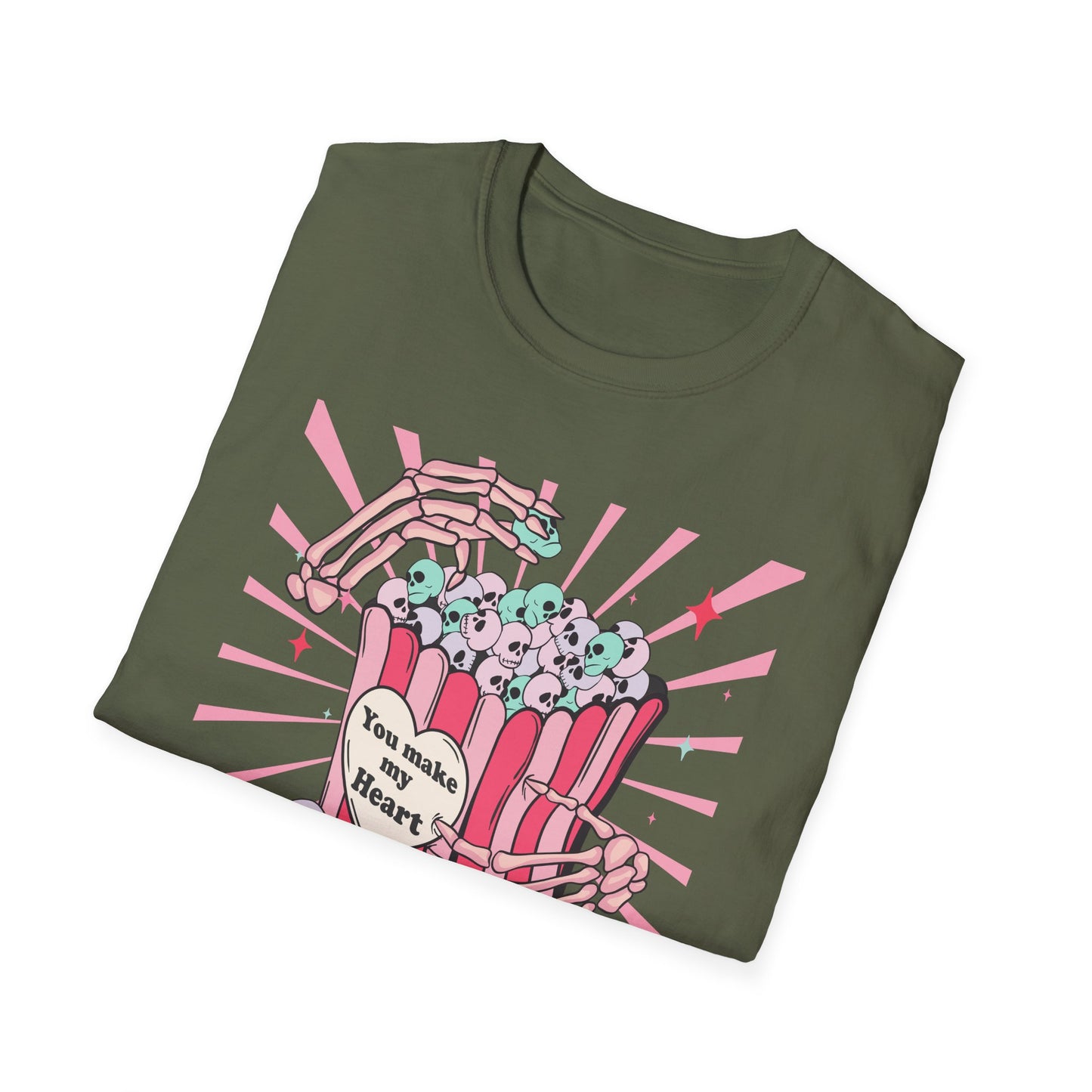 Spooky Sweet Skeleton 'You Make My Heart' T-Shirt | Pastel Goth Skull Popcorn Tee | Edgy Valentine's Day Gift for Unique Love
