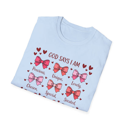 Empowering God Says I Am T-Shirt | Divine Christian Affirmation Tee for Women & Girls with Cute Bows & Hearts