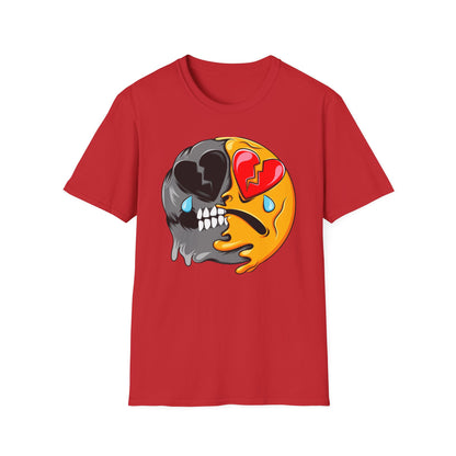 Unique Broken Heart Skull Emoji T-Shirt | Edgy Melted Sad Face Graphic Tee | Expressive Streetwear Statement
