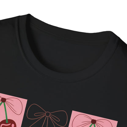 Charming Coquette Cherry Bow T-Shirt | Sweet Pink Aesthetic & Trendy Fruit Pattern Tee for Women