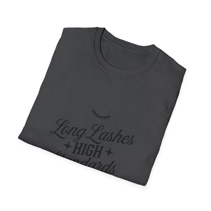 Chic Long Lashes & High Standards T-Shirt | Empowering Beauty Attitude Tee for Confident Women