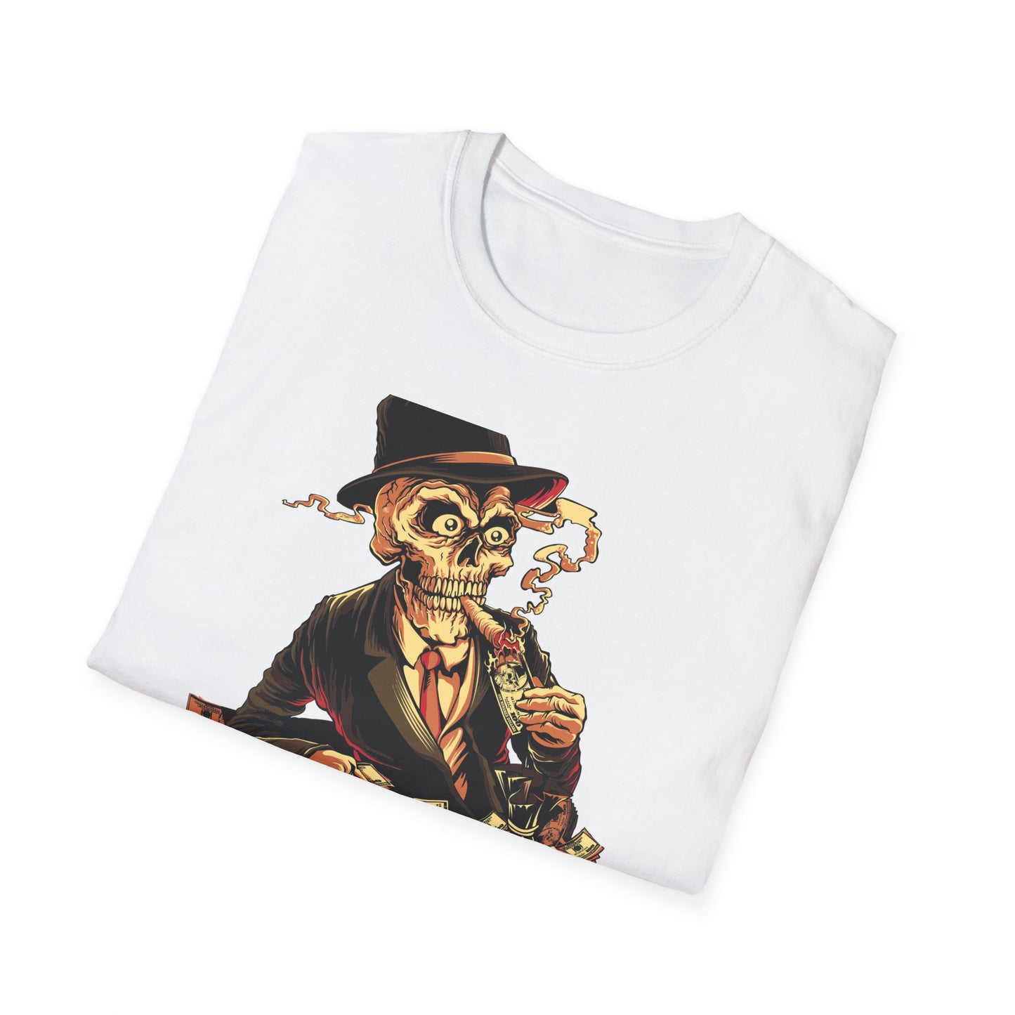 Epic Billionaire Skeleton T-Shirt: Dapper Skull, Money Stacks & Burning Dollar Cigar - Ultimate Hustle Tee