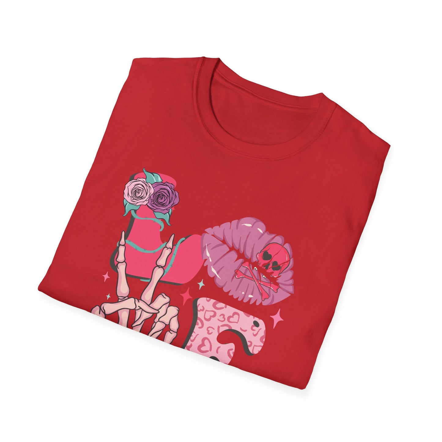 Edgy Pink Grunge T-Shirt: Skull Kiss, Peace Skeleton Hand, Roses & Heart Initial 'E' Design. Trendy Alt Fashion Tee.