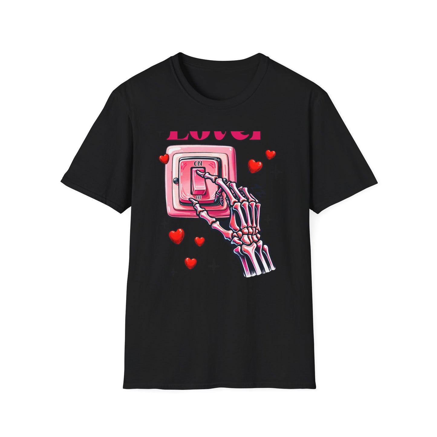 Unique Lover T-Shirt | Edgy Skeleton Hand & Love Switch Graphic Tee | Romantic Valentine's Day Statement Gift