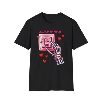 Unique Lover T-Shirt | Edgy Skeleton Hand & Love Switch Graphic Tee | Romantic Valentine's Day Statement Gift