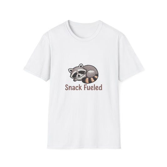 Adorable "Snack Fueled" Sleeping Raccoon T-Shirt | Cozy Animal Lover Tee | Hilarious Foodie Gift for Snack Enthusiasts