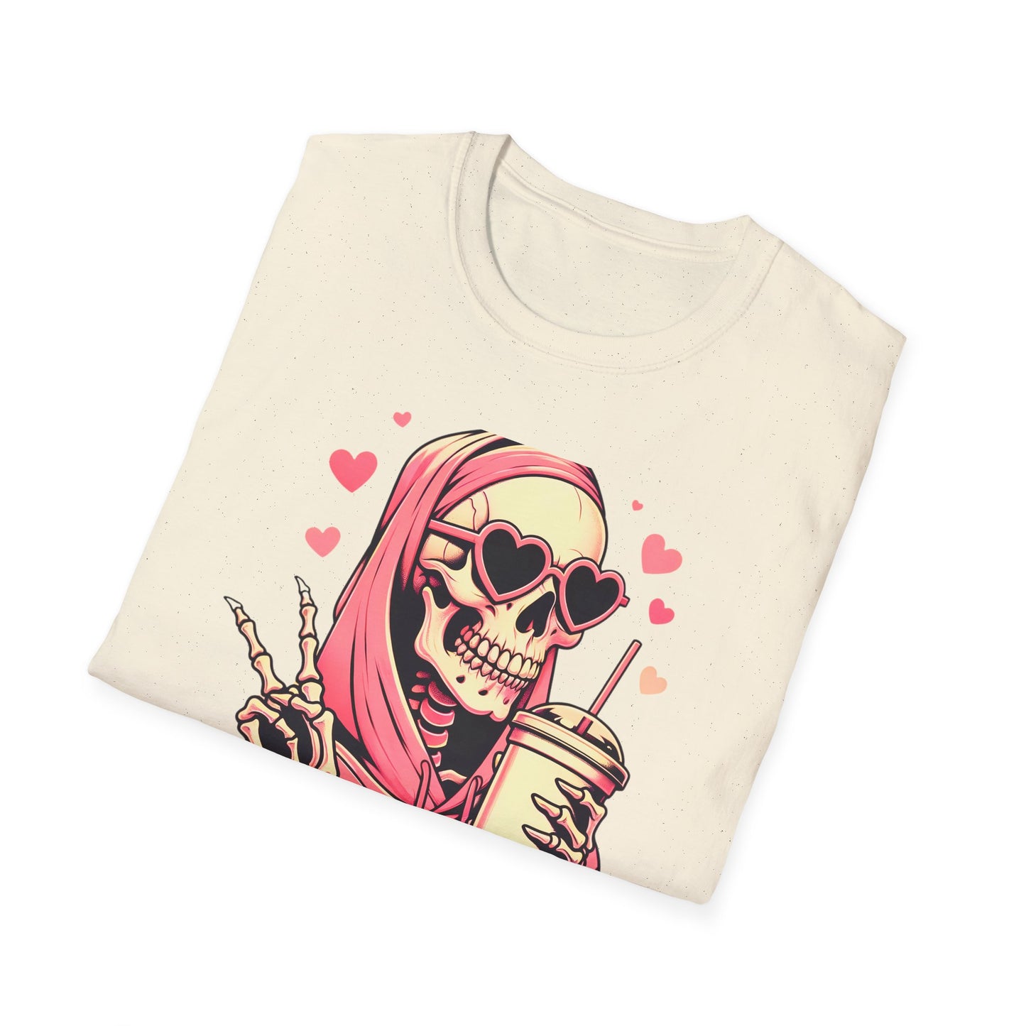 Trendy Pink Skeleton T-Shirt: Chill Vibes, Heart Sunglasses & Peace Sign Tee – Spooky Cute Aesthetic for Women & Teens