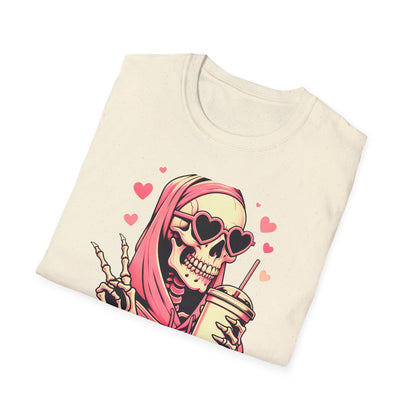 Trendy Pink Skeleton T-Shirt: Chill Vibes, Heart Sunglasses & Peace Sign Tee – Spooky Cute Aesthetic for Women & Teens