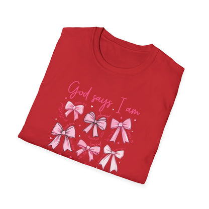 Powerful "God Says I Am" Christian T-Shirt for Women | Inspiring Bible Verse & Pink Bows Tee | Empowering Faith Gift