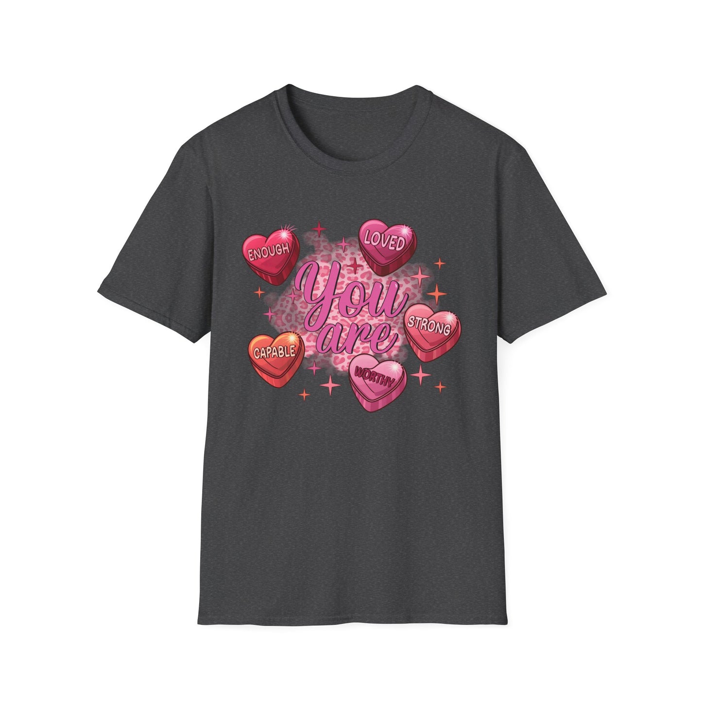Empowering "You Are" Self-Love T-Shirt: Sweet Candy Heart Affirmations & Chic Leopard Print for Her
