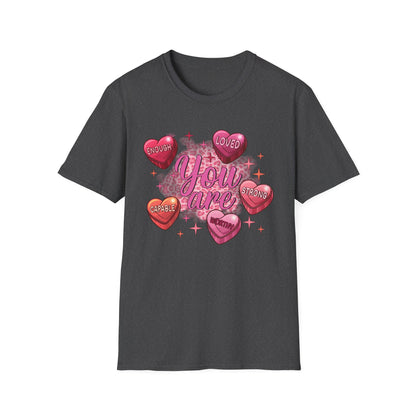Empowering "You Are" Self-Love T-Shirt: Sweet Candy Heart Affirmations & Chic Leopard Print for Her