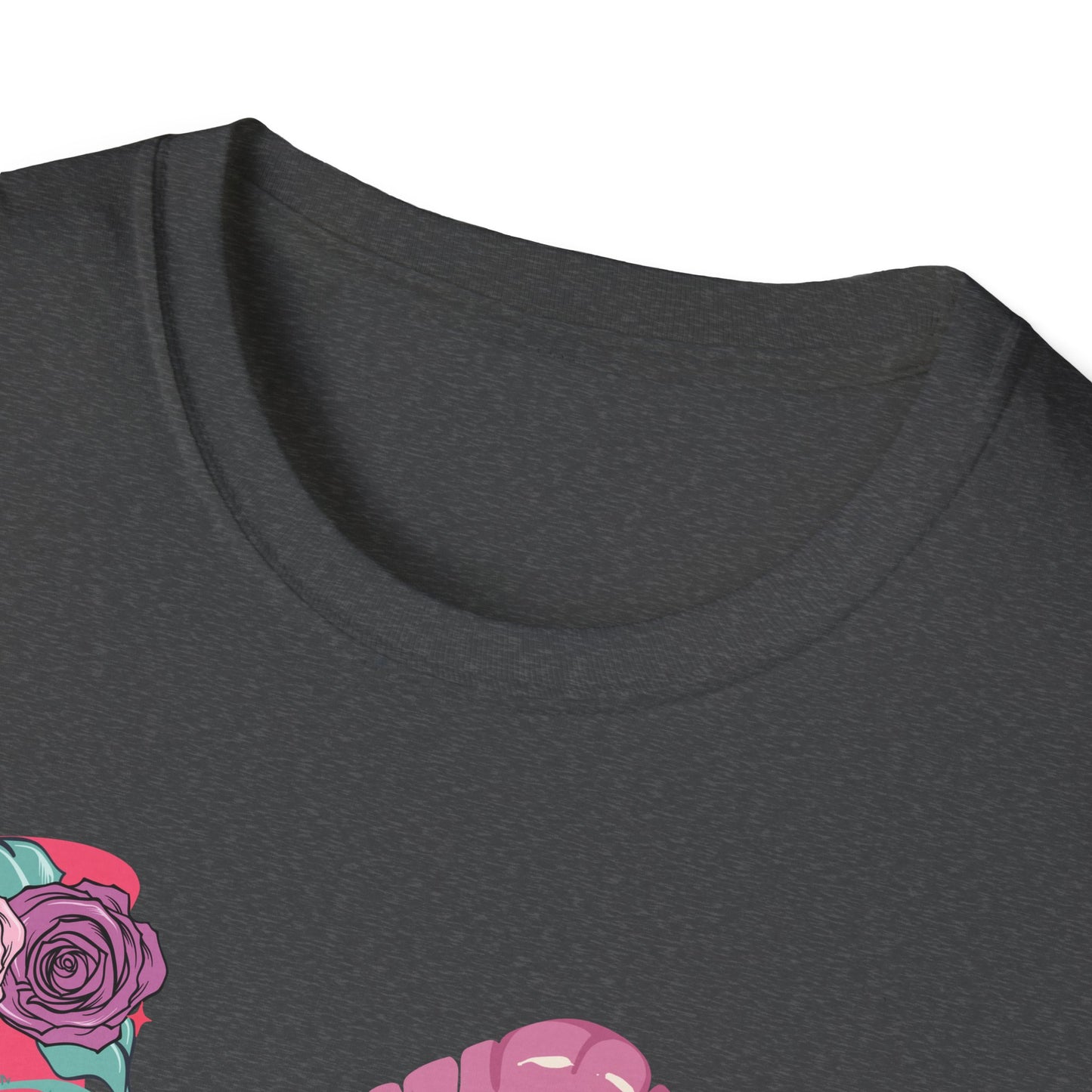Edgy Pink Grunge T-Shirt: Skull Kiss, Peace Skeleton Hand, Roses & Heart Initial 'E' Design. Trendy Alt Fashion Tee.