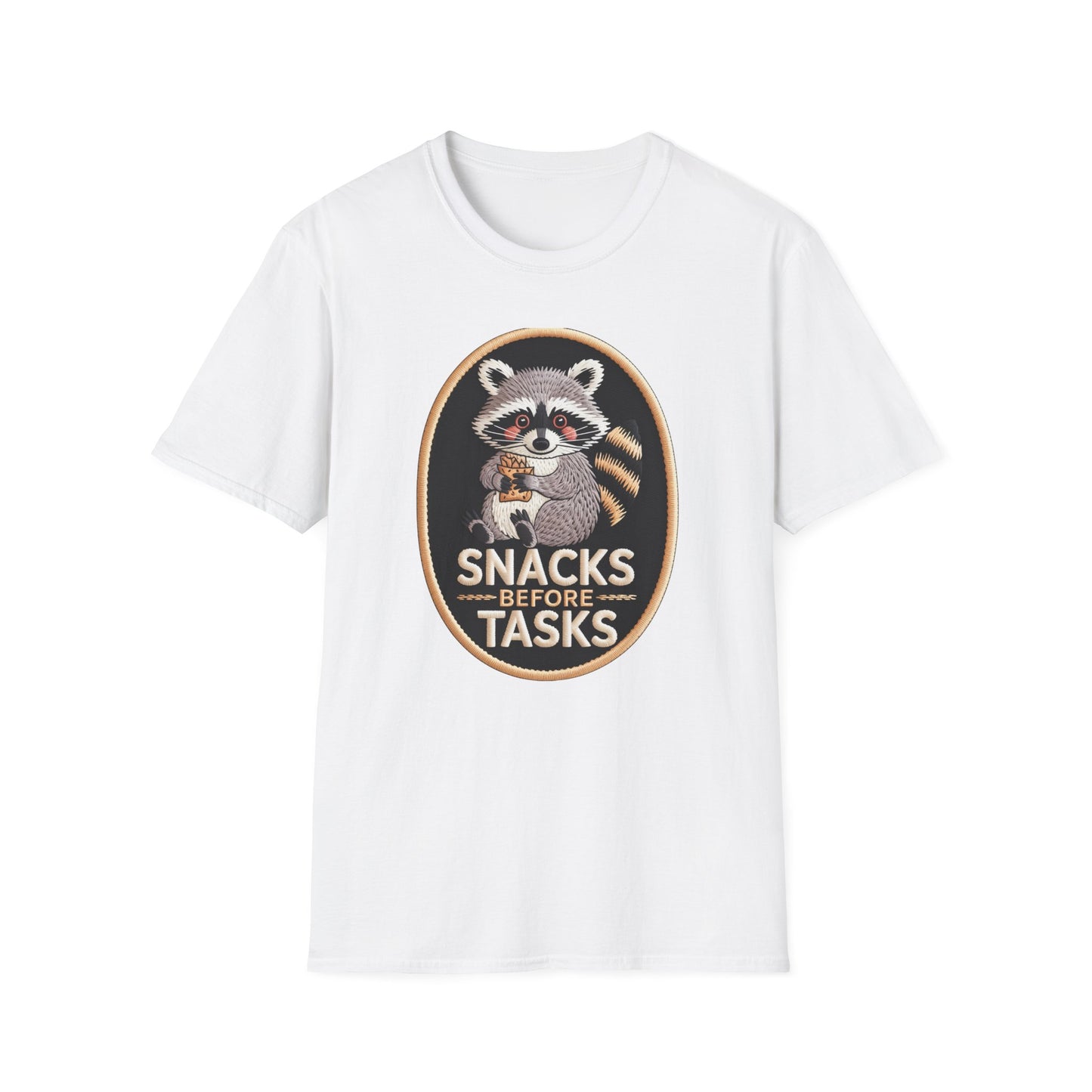 Irresistible Raccoon T-Shirt: "Snacks Before Tasks" Funny Animal Tee - Adorable Foodie Procrastination Gift