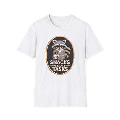 Irresistible Raccoon T-Shirt: "Snacks Before Tasks" Funny Animal Tee - Adorable Foodie Procrastination Gift