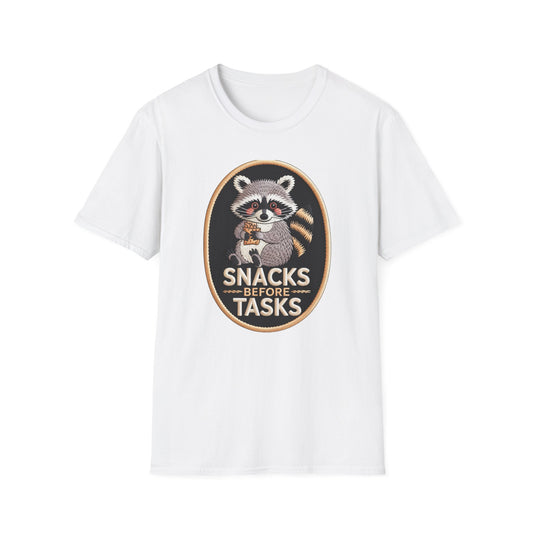 Irresistible Raccoon T-Shirt: "Snacks Before Tasks" Funny Animal Tee - Adorable Foodie Procrastination Gift