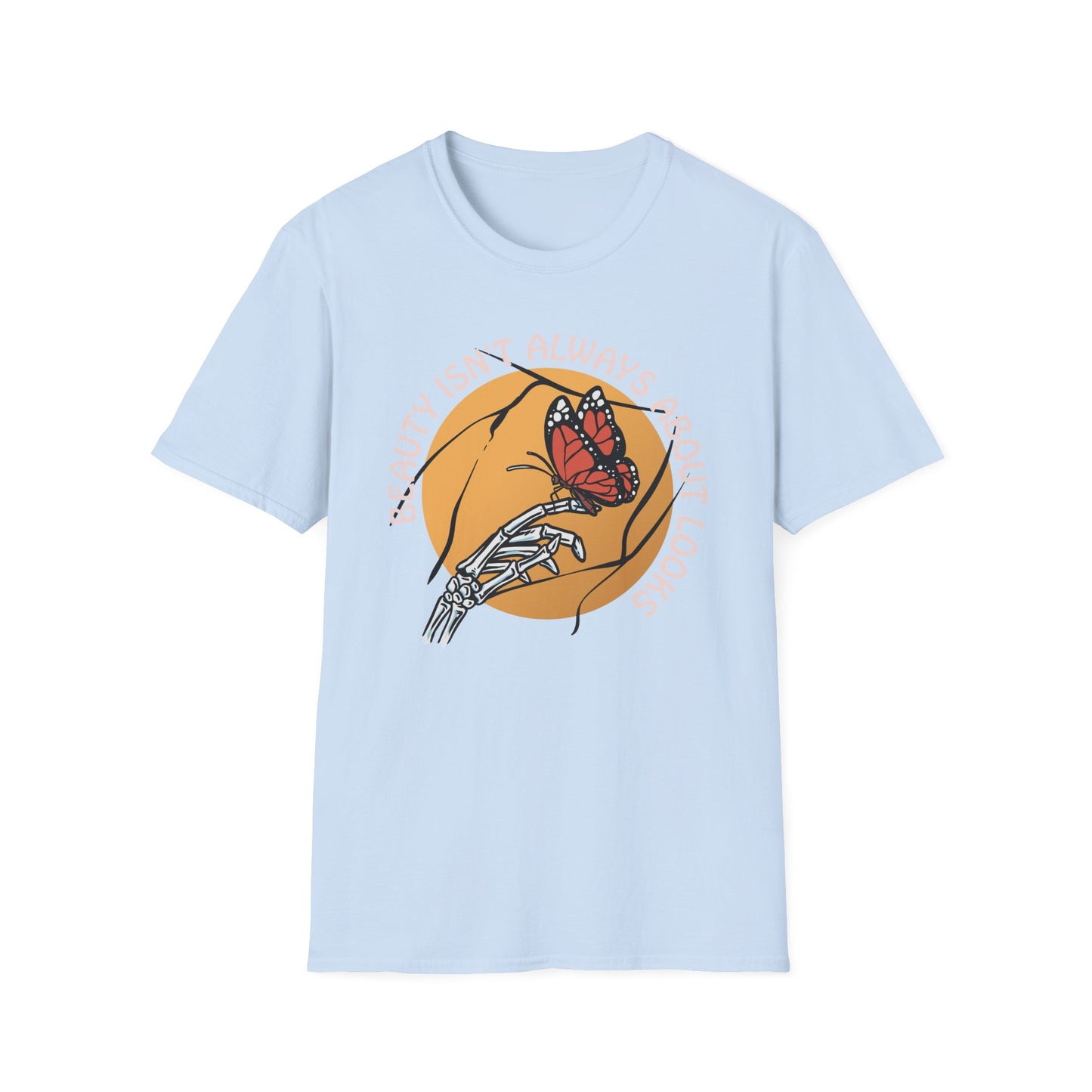 Expressive Skeleton Hand & Monarch Butterfly T-Shirt | 'Beauty Isn't About Looks' Deep Meaning Art Tee